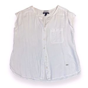Mango gauzy white cap sleeve button down top